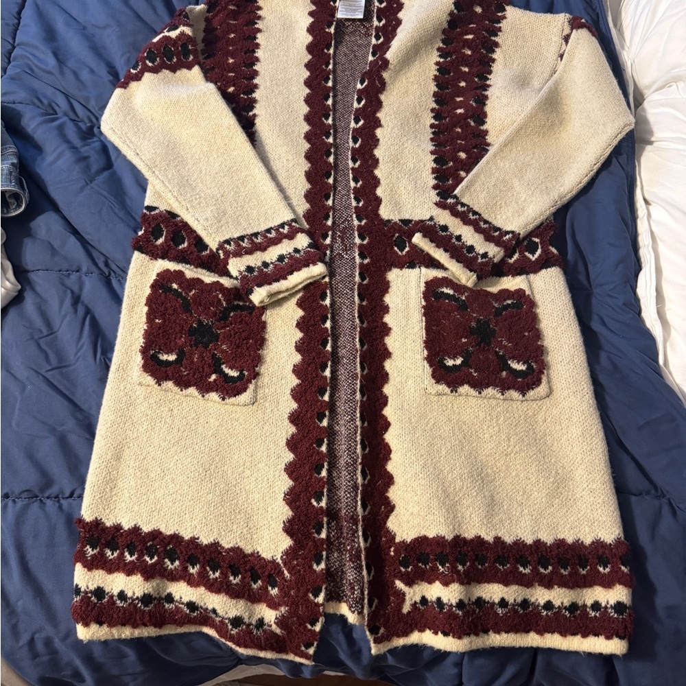 BCBGMaxAzria Cream and Burgundy Cardigan